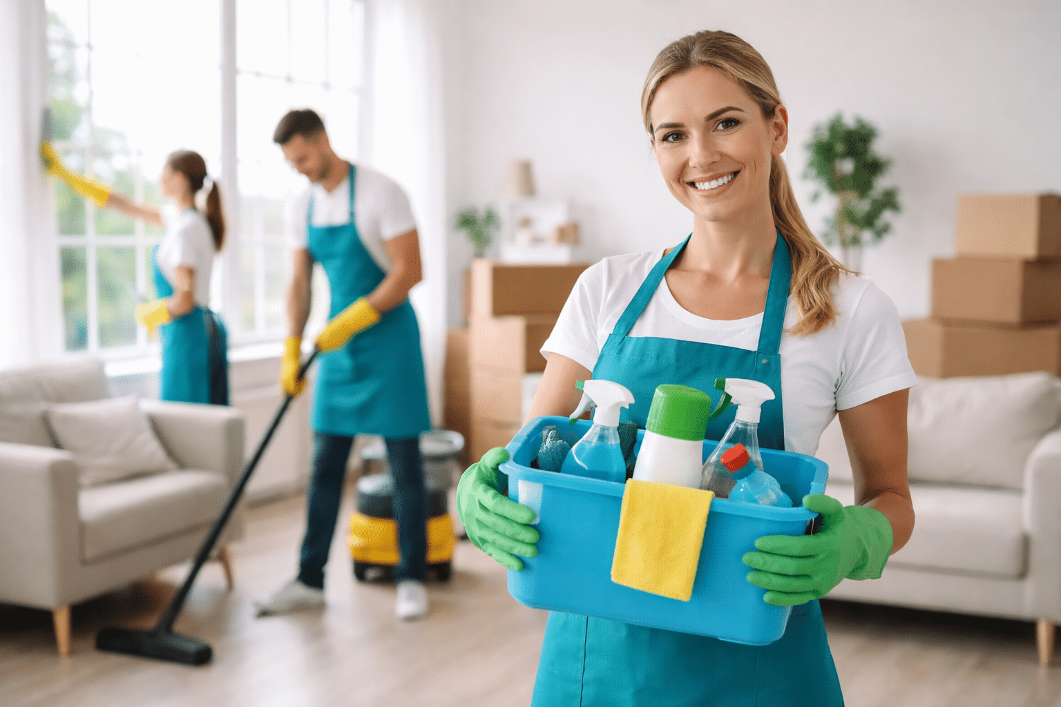 Équipe de nettoyage professionnelle souriante avec produits et matériel dans un salon après déménagement.