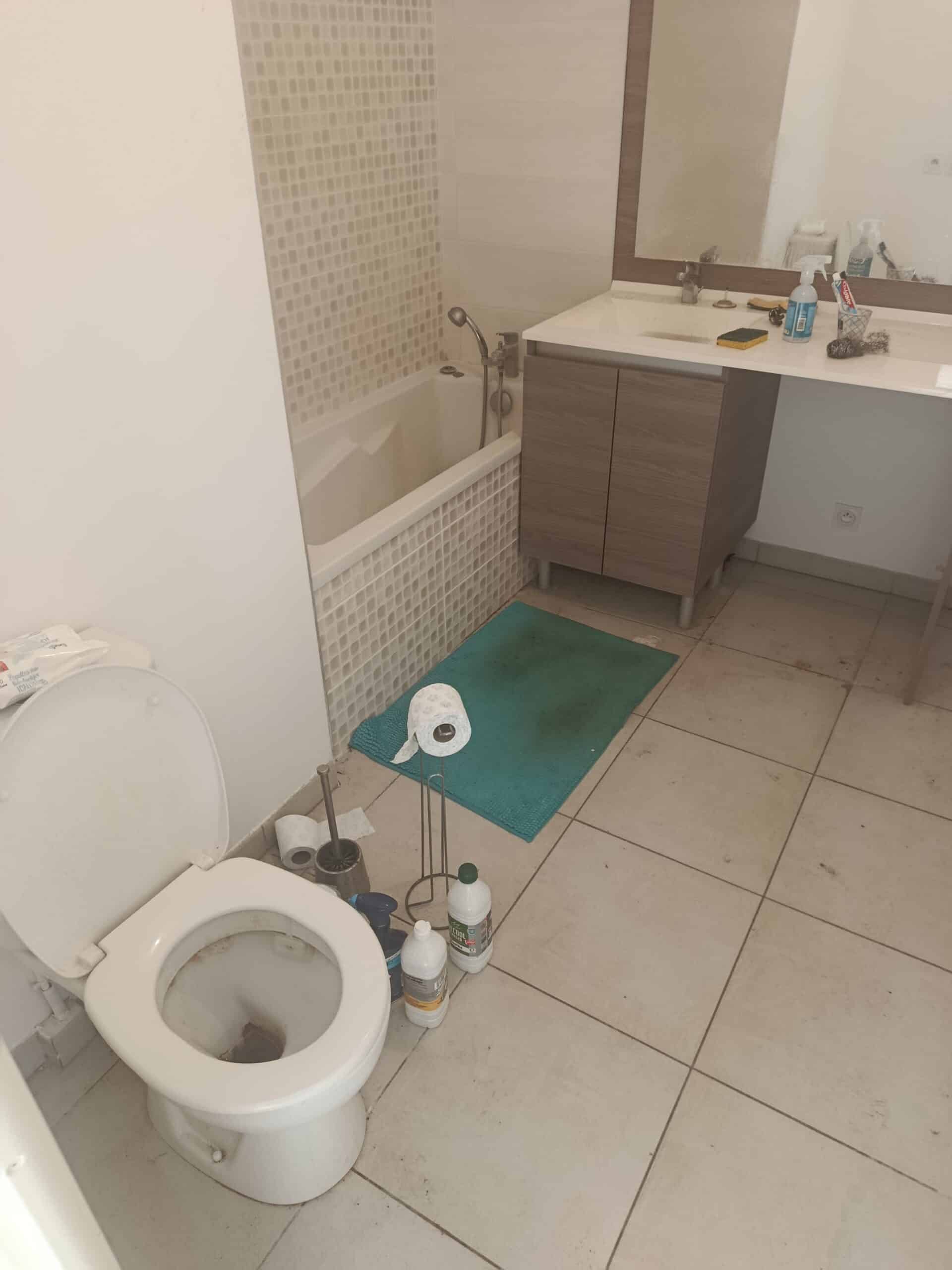 Salle de bain sale avec toilettes ouvertes, baignoire mosaïque et produits ménagers sur le sol taché.