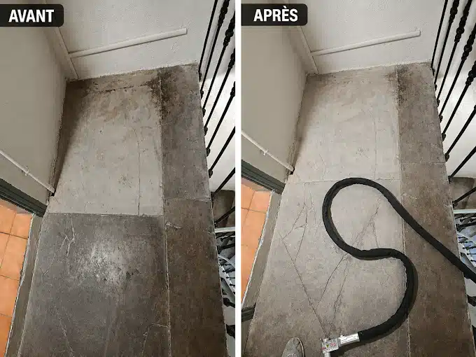 Comparaison avant après du nettoyage d'un sol en pierre naturelle avec matériel professionnel.