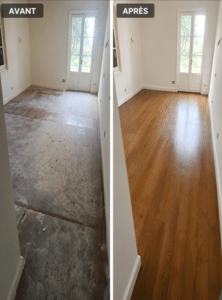 Avant/Après : rénovation d'un parquet. Sol en bois poussiéreux transformé en bois verni, lisse et brillant.