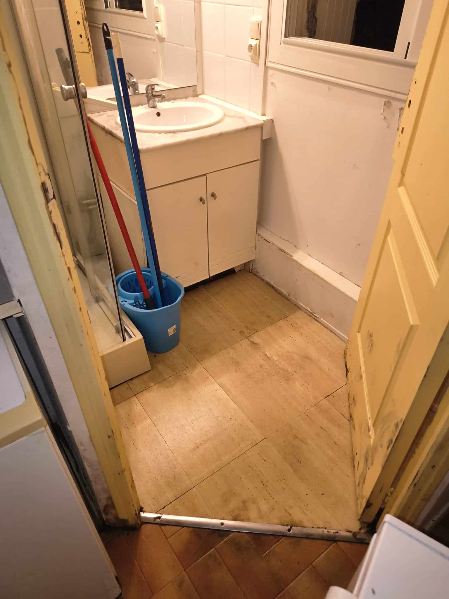 Salle de bain dégradée avec meuble vasque blanc, seau de ménage bleu et carrelage taché à rénover.