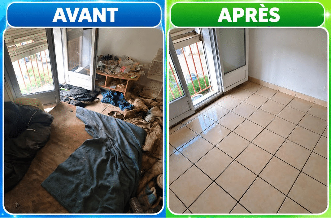 AVANT / APRÈS : Nettoyage d'un appartement insalubre encombré. Pièce transformée avec un sol carrelé net et brillant.