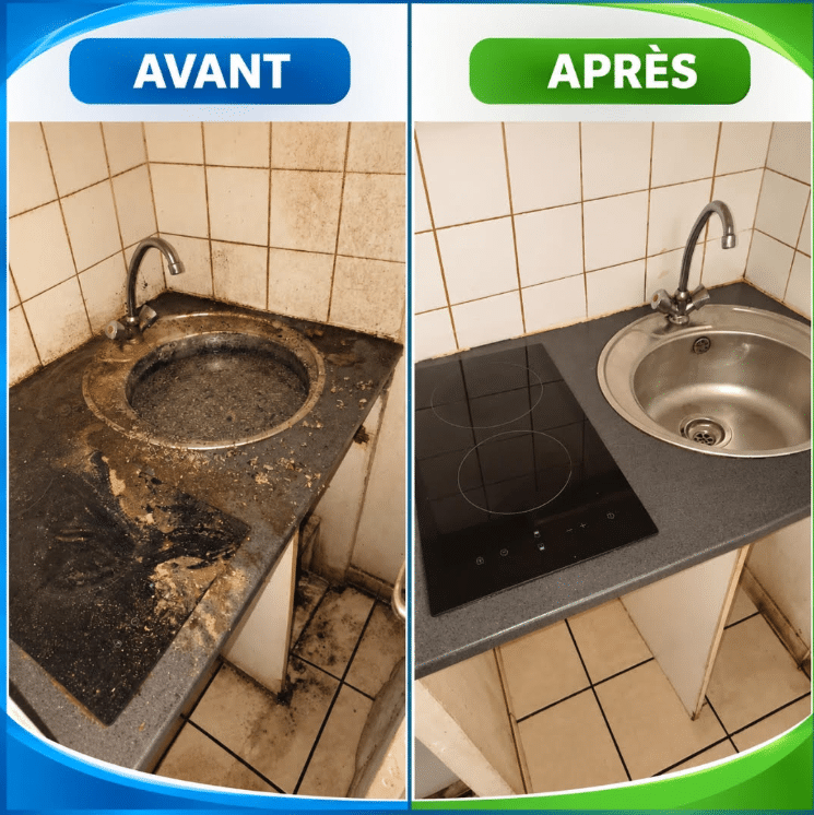 Avant et après nettoyage extrême d'une kitchenette : évier et plaque de cuisson passés de crasseux à étincelants.