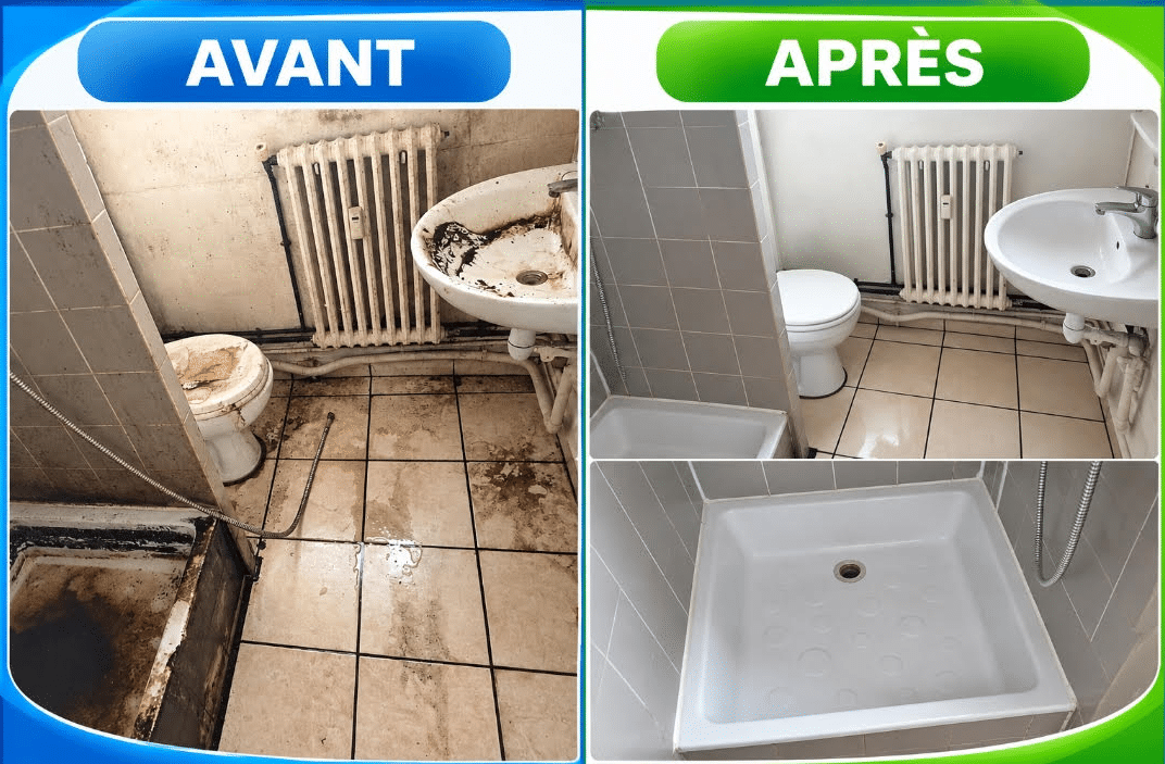 Transformation avant après d'une salle de bain : douche, évier et WC nettoyés en profondeur.